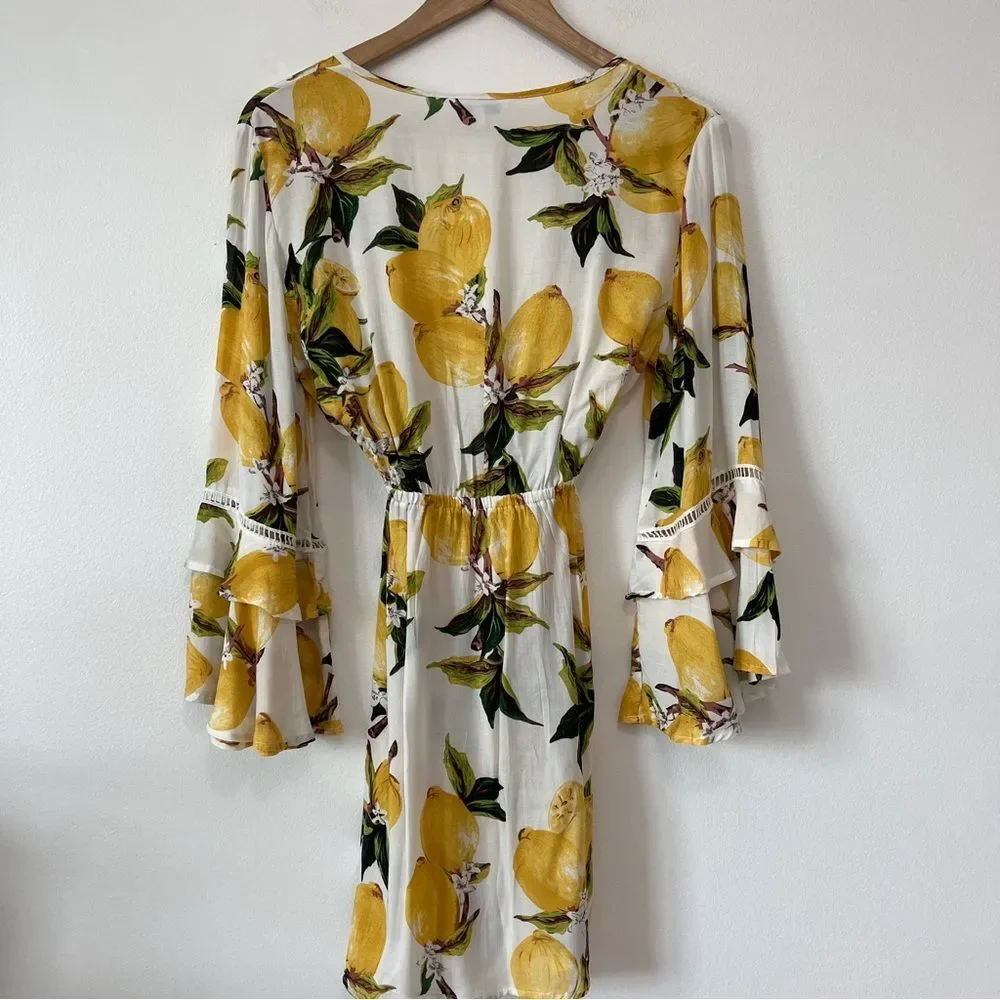 NWT Blue Island Lemon Print Bell Sleeve Swimsuit Coverup Dress Size Small